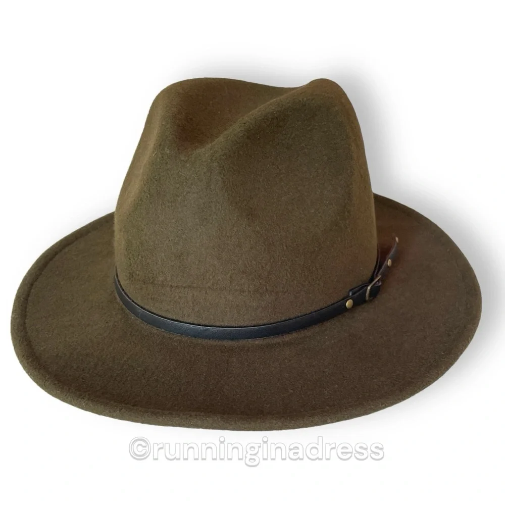 Olive Green Felt Fedora Hat Western Boho Size One Size